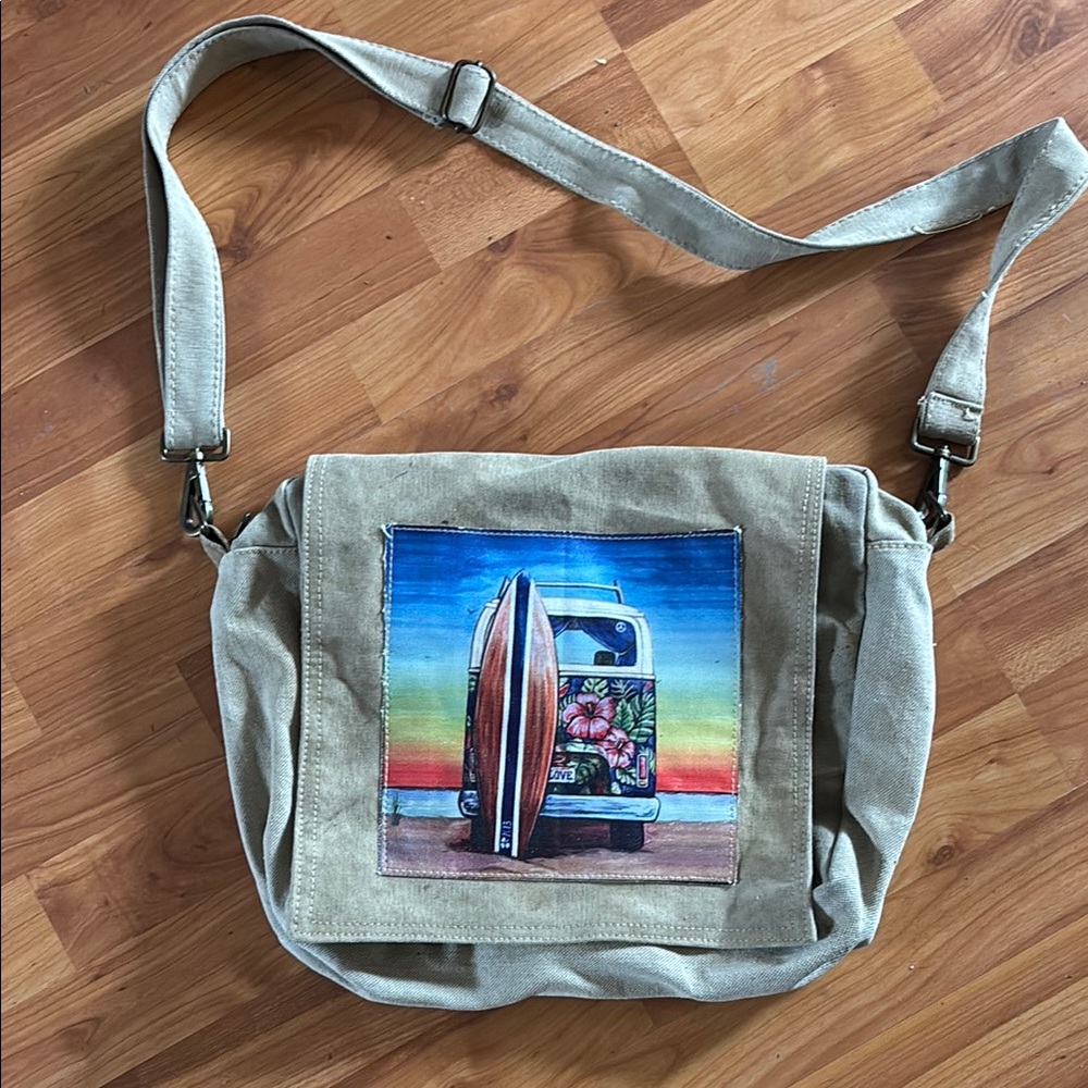 Canvas Messenger Bag with Surf Van Print